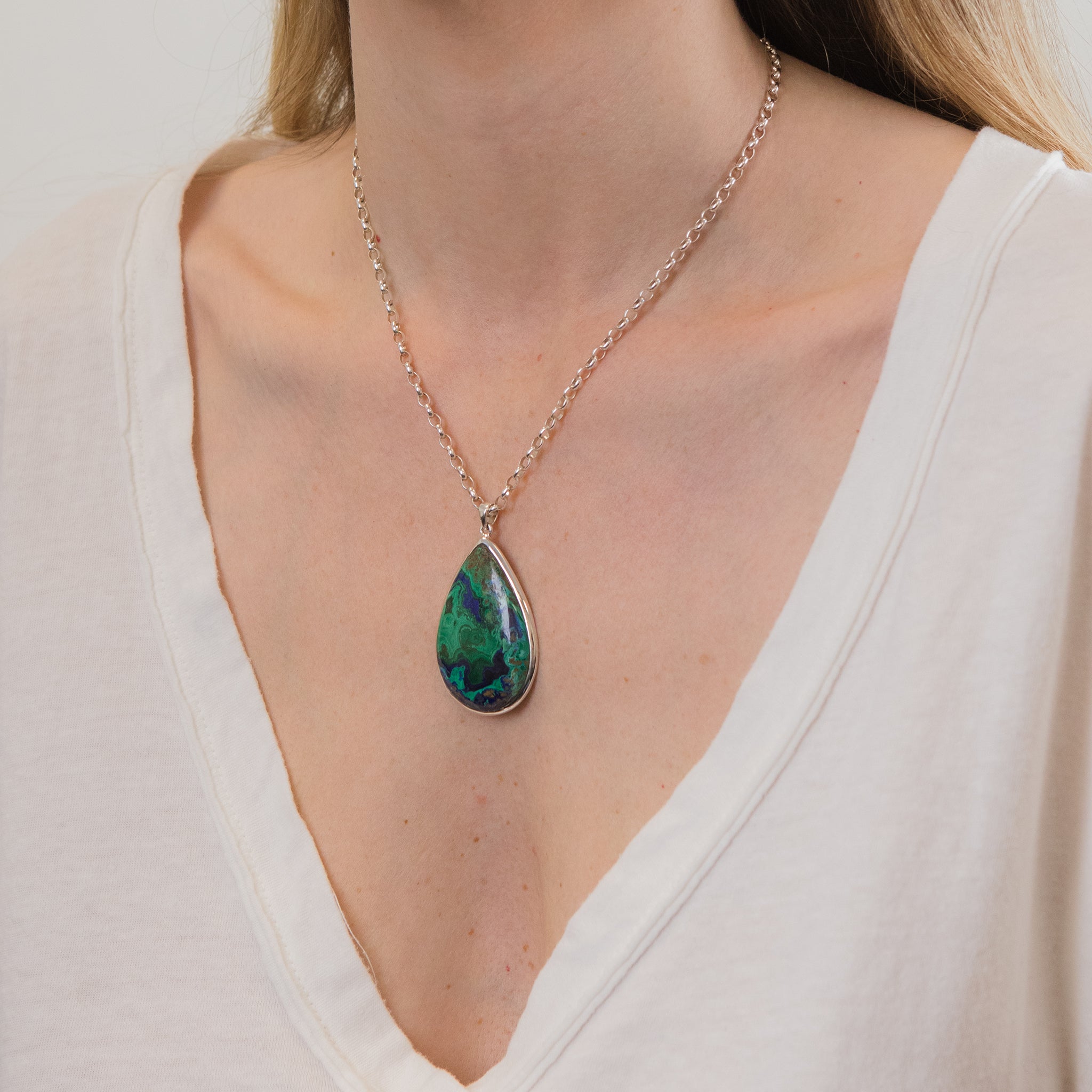 AZURITE MALACHITE TEAR NECKLACE ON MODEL