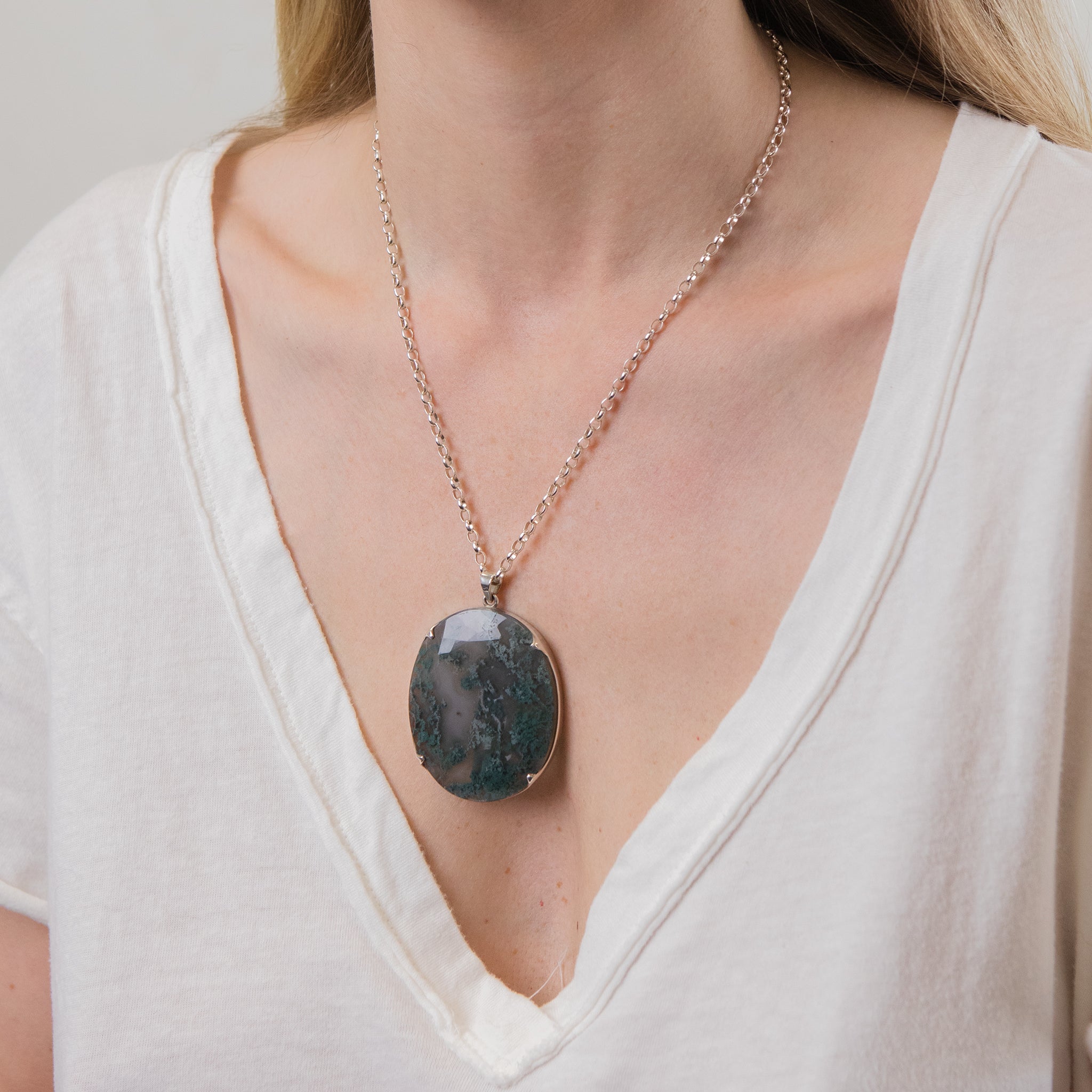 Moss agate necklace ON MODEL