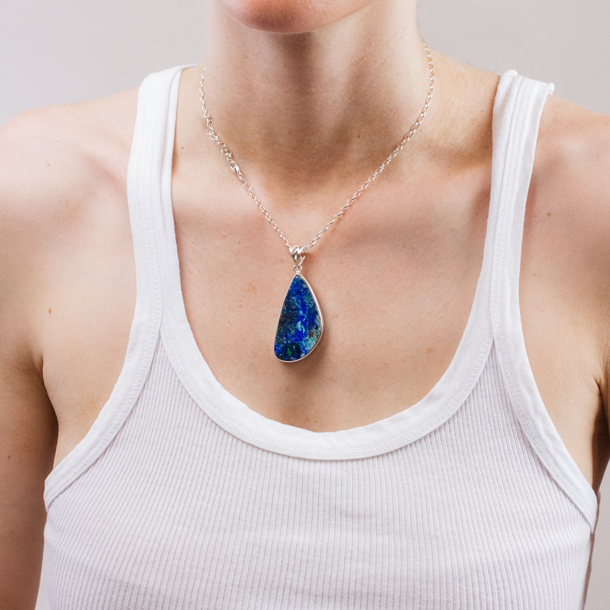 AZURITE MALACHITE CABOCHON NECKLACE ON MODEL