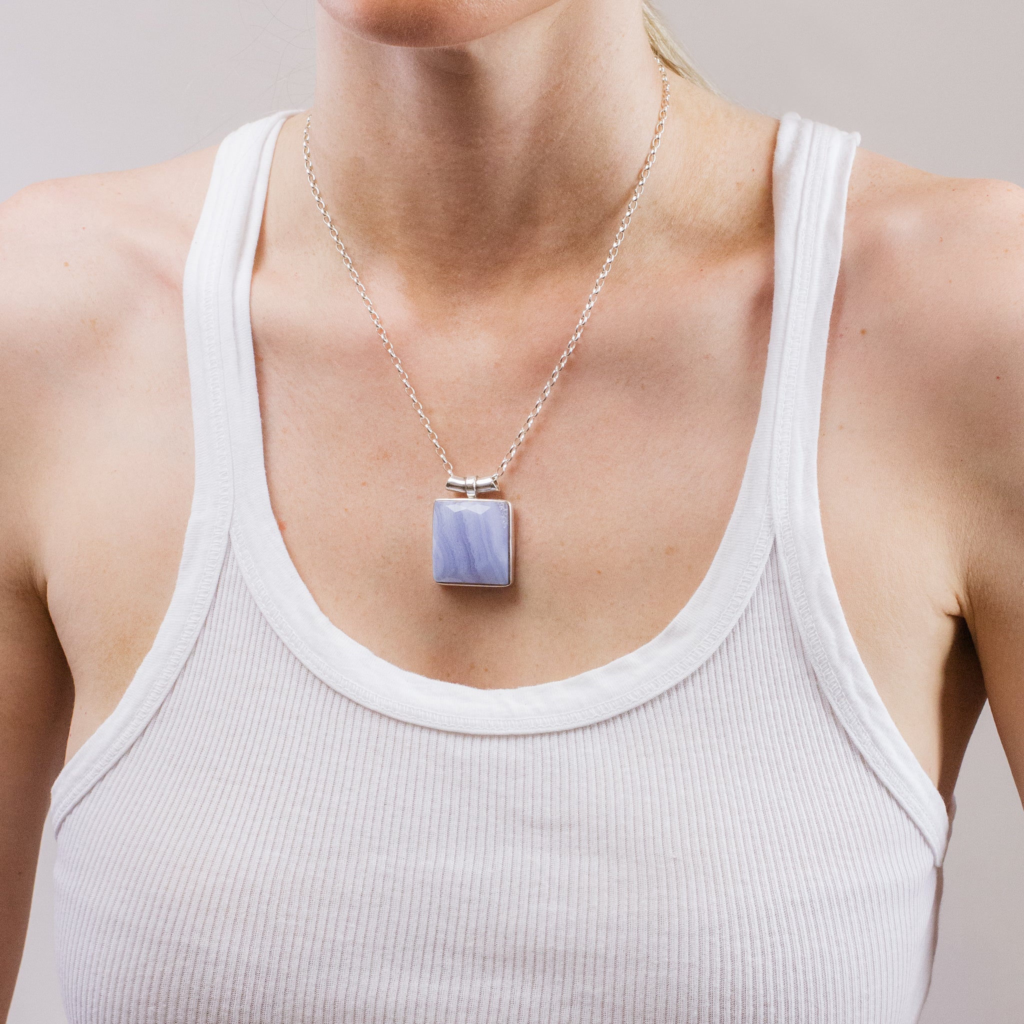 FACETED BLUE LACE AGATE NECKLACE ON MODEL