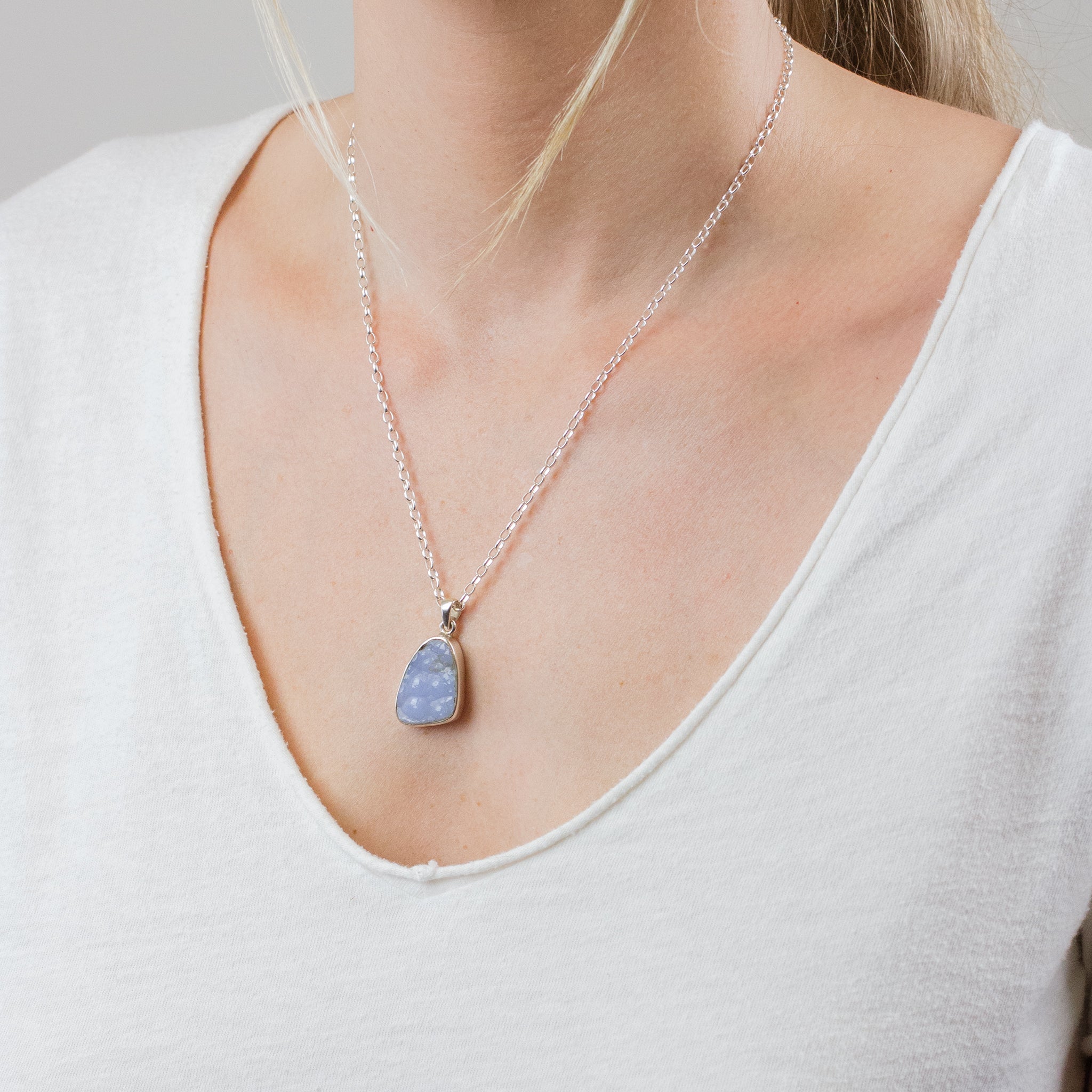 RAW BLUE BOYTROIDAL CHALCEDONY NECKLACE ON MODEL