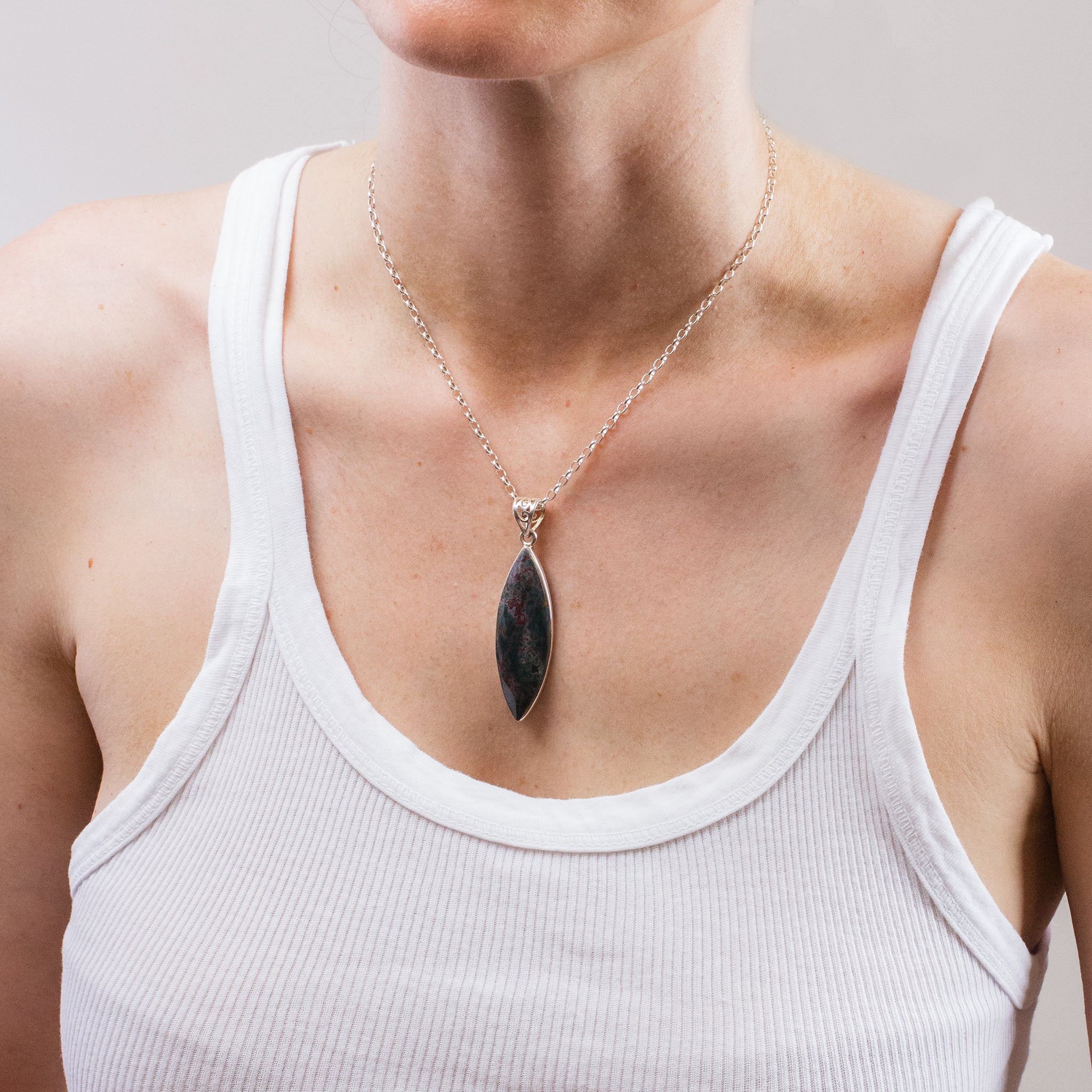 FACETED MARQUISE BLOODSTONE NECKLACE ON MODEL