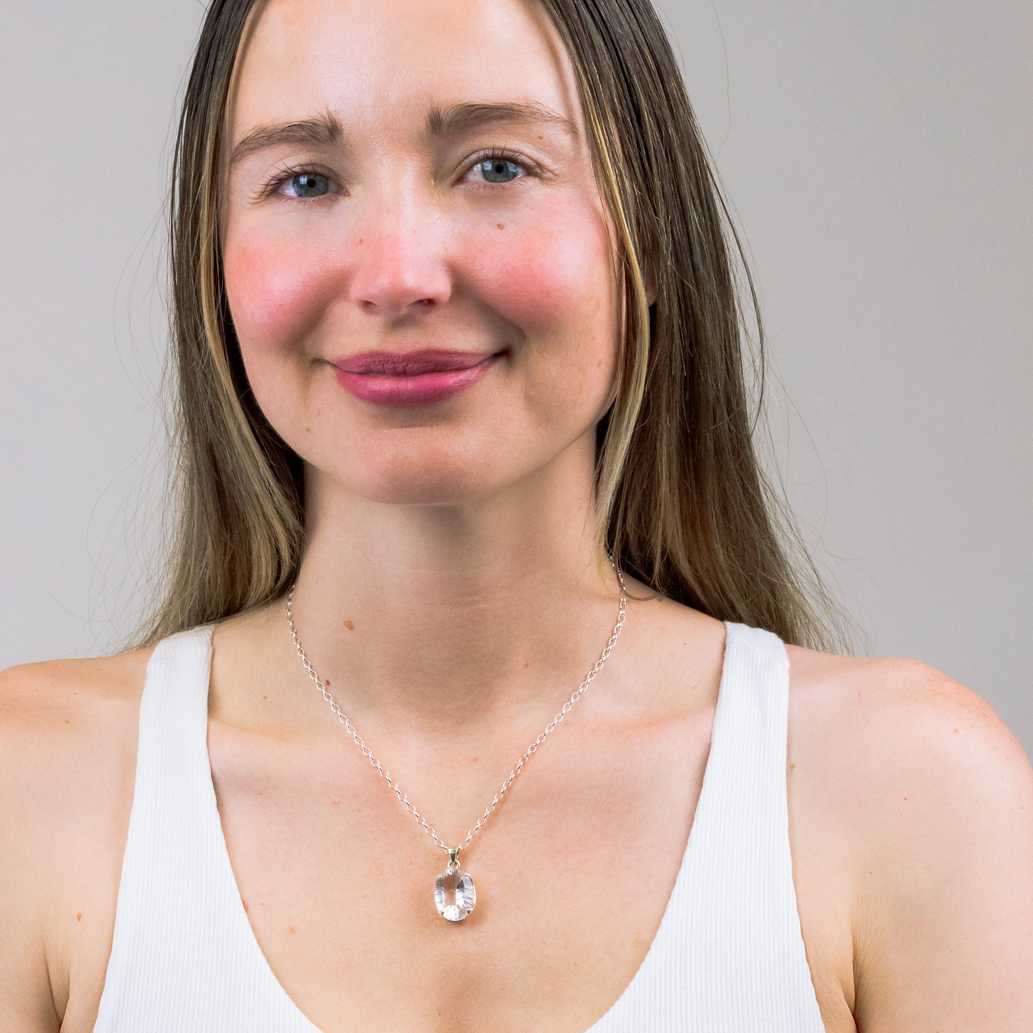 FACETED CLEAR QUARTZ NECKLACE ON MODEL