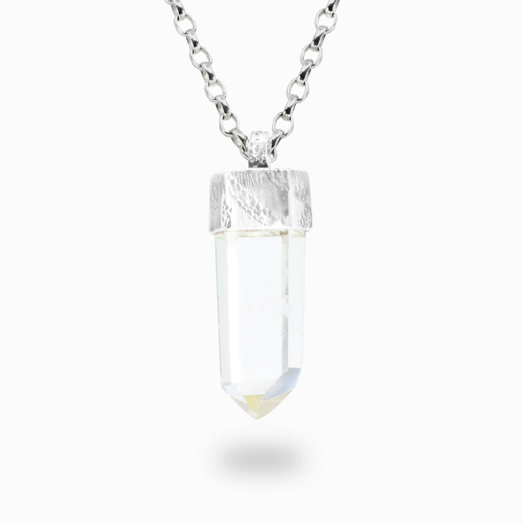 Phantom quartz point necklace with textured sterling silver cap