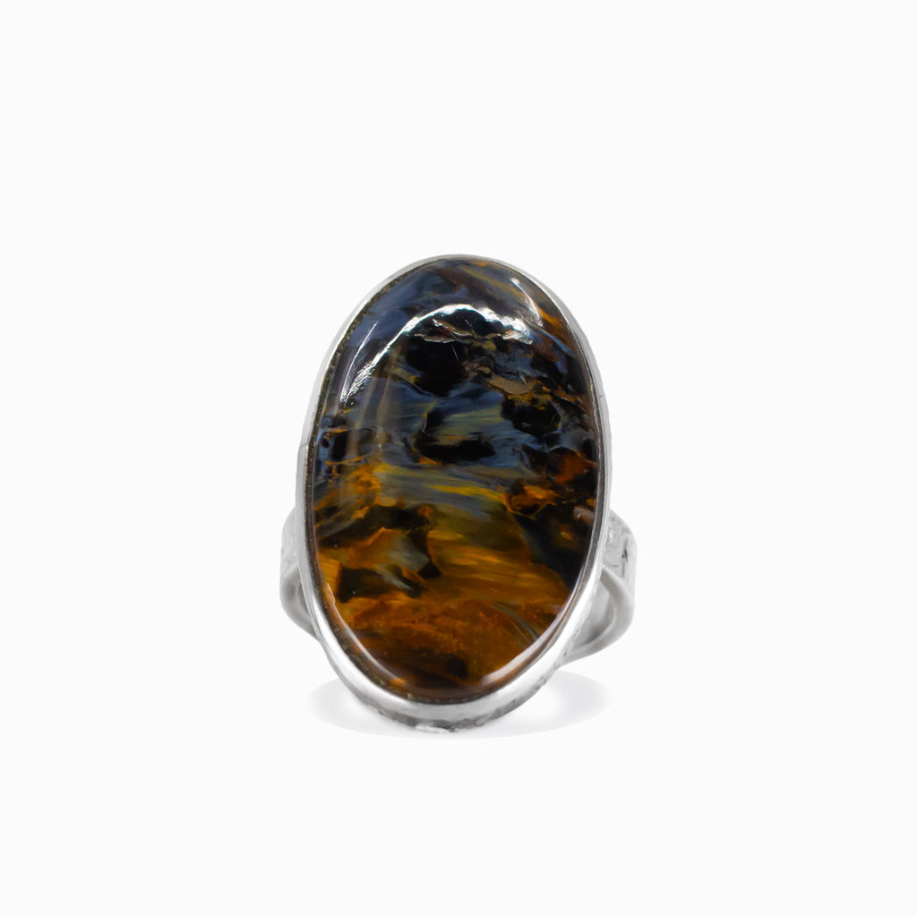 Pietersite oval cabochon ring in sterling silver with swirling blue and gold tones