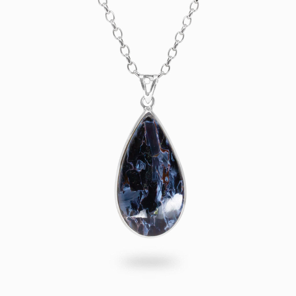Pear-shaped Pietersite cabochon pendant with dark blue, charcoal and brown swirling patterns in polished 925 sterling silver.