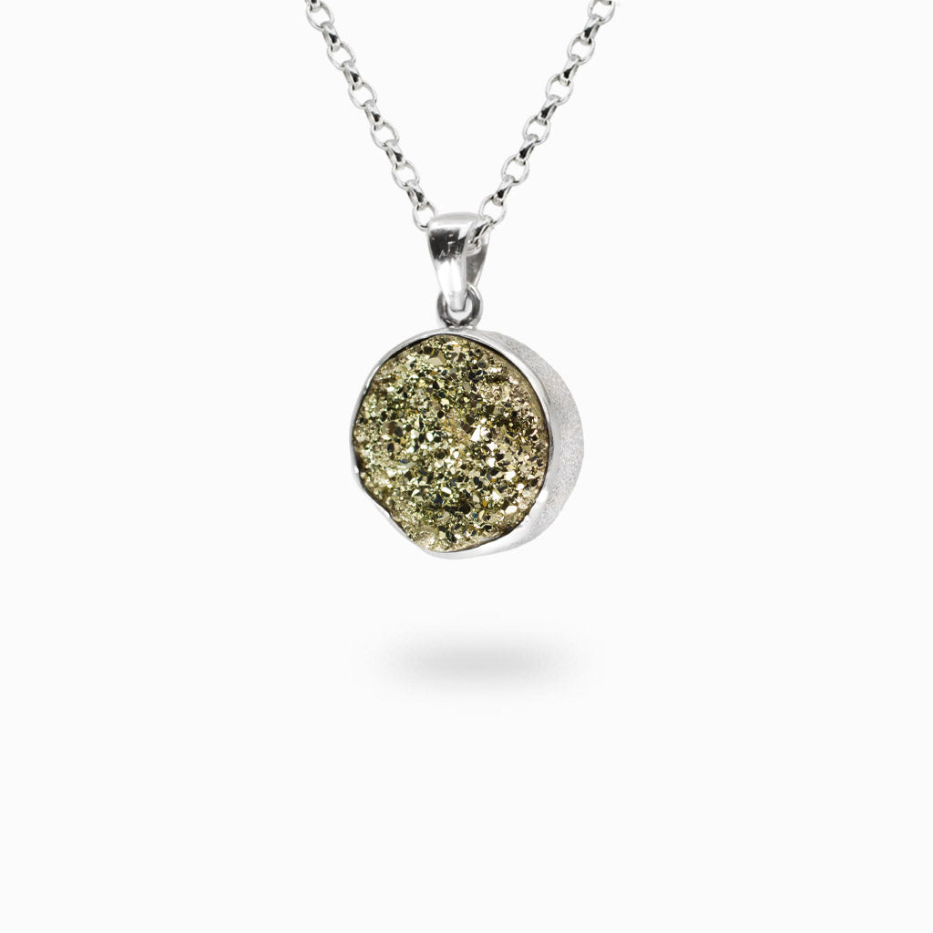 golden Pyrite druzy pendant with naturally sparkling crystal surface framed in polished sterling silver.