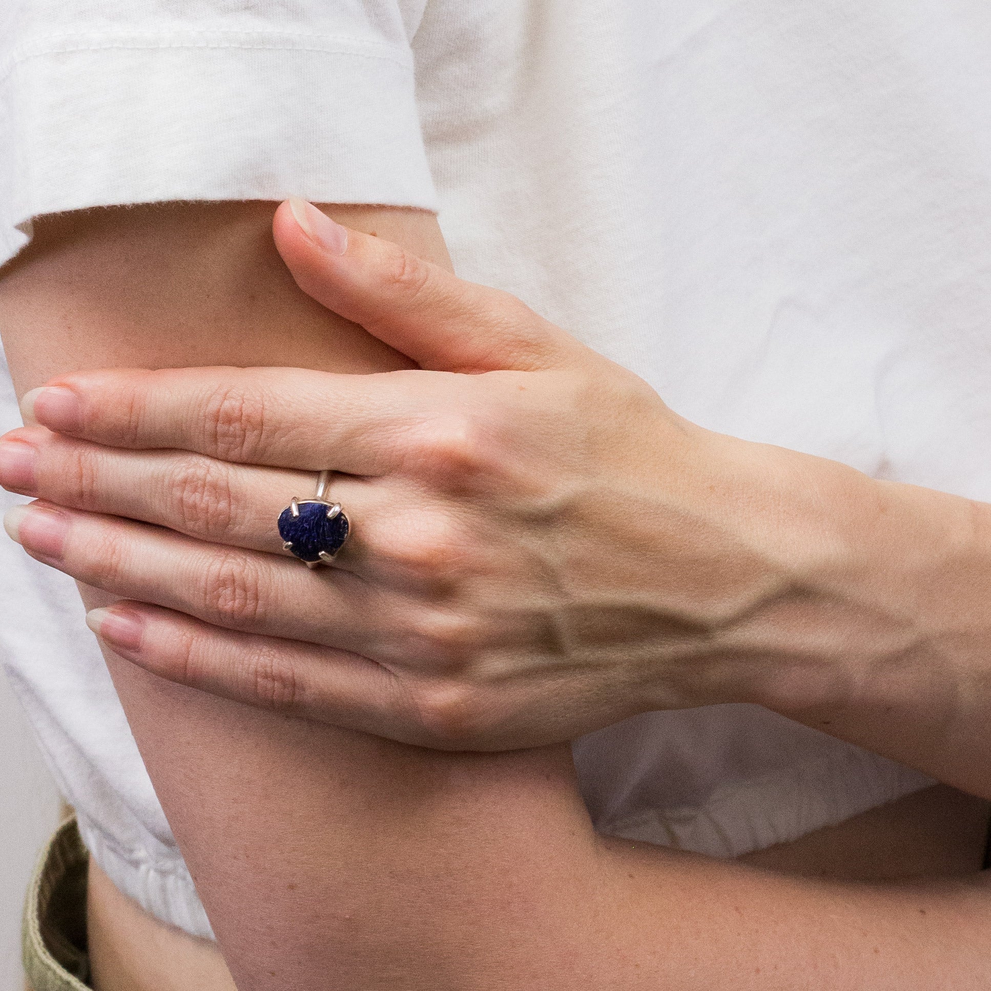 RAW AZURITE ORGANIC RING ON MODEL