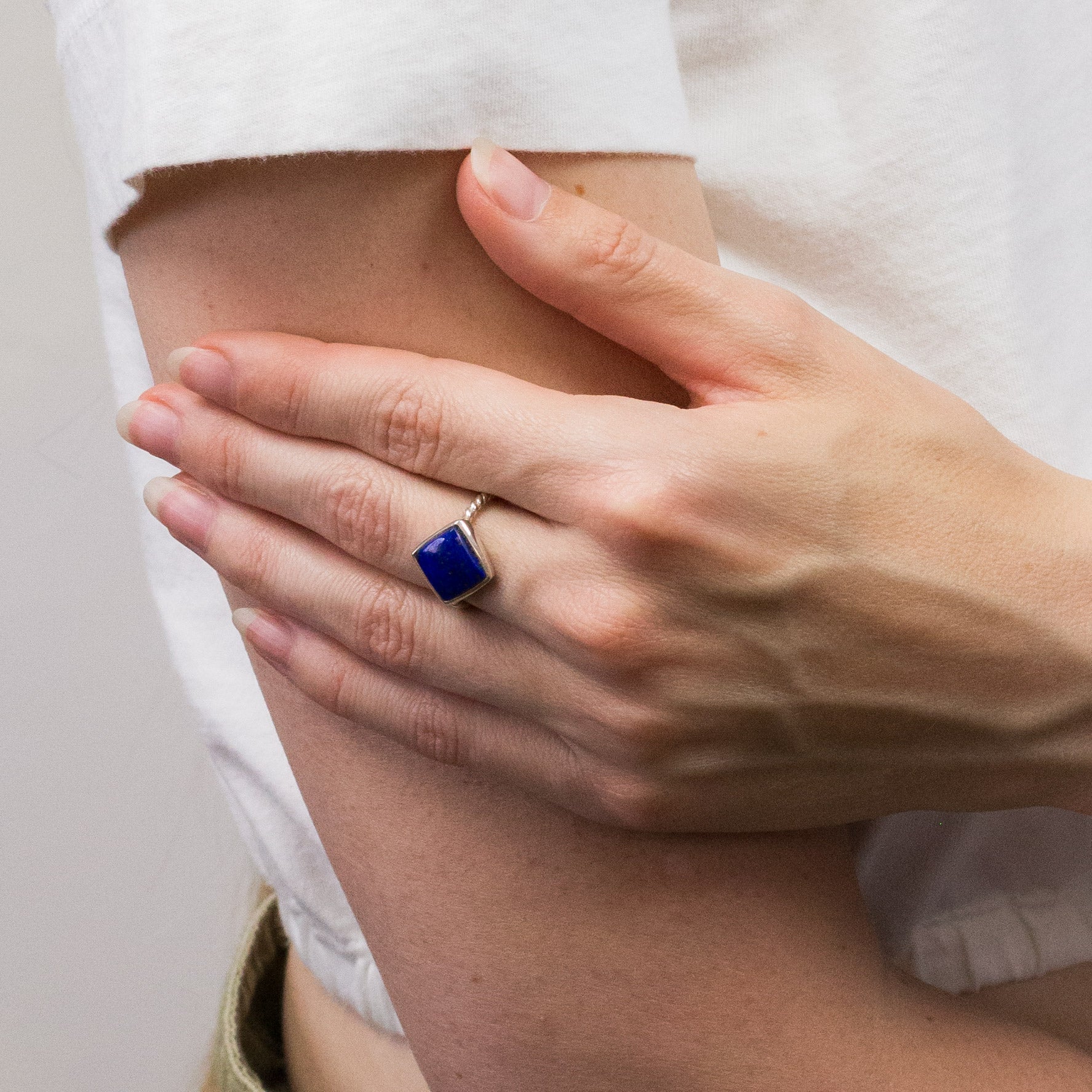 DIAMOND LAPIS LAZULI RING WITH ROPE BAND ON MODEL