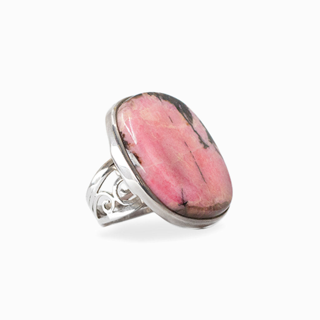 Cushion-shaped pink Rhodonite cabochon with natural dark veining set in 925 sterling silver.