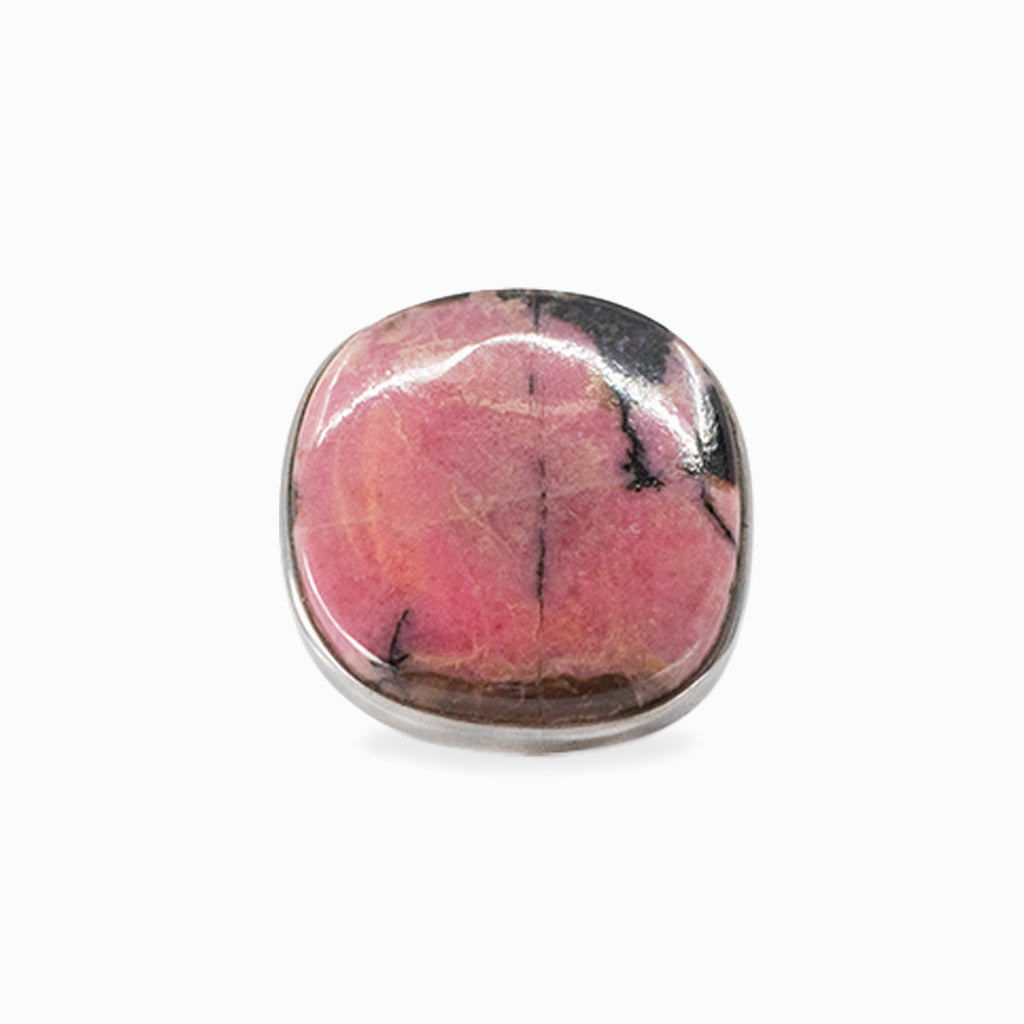 Cushion-shaped pink Rhodonite cabochon with natural dark veining set in 925 sterling silver.