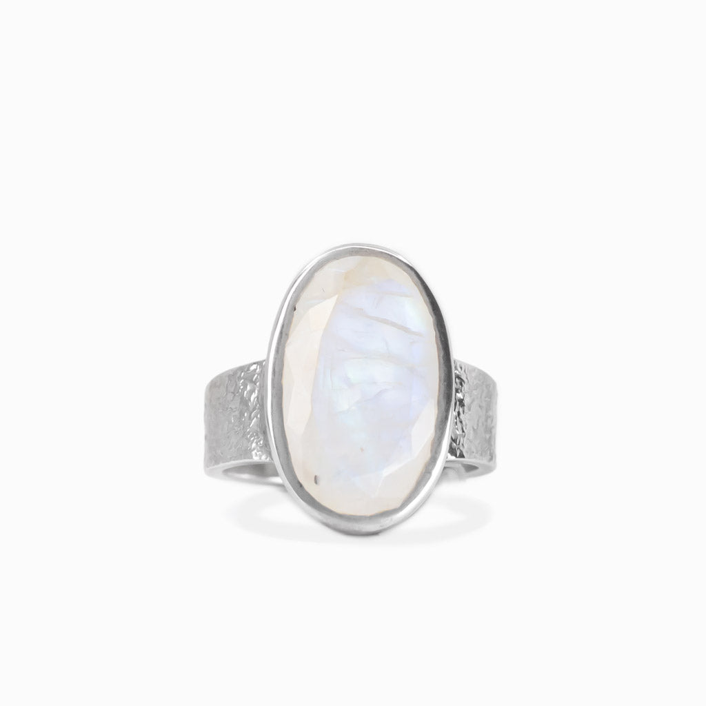 Faceted rainbow moonstone oval ring in sterling silver