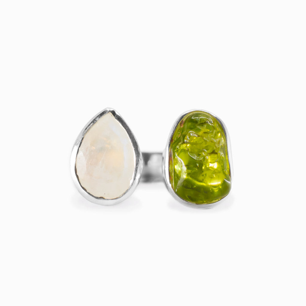 Peridot and rainbow moonstone ring with raw and faceted stones in sterling silver