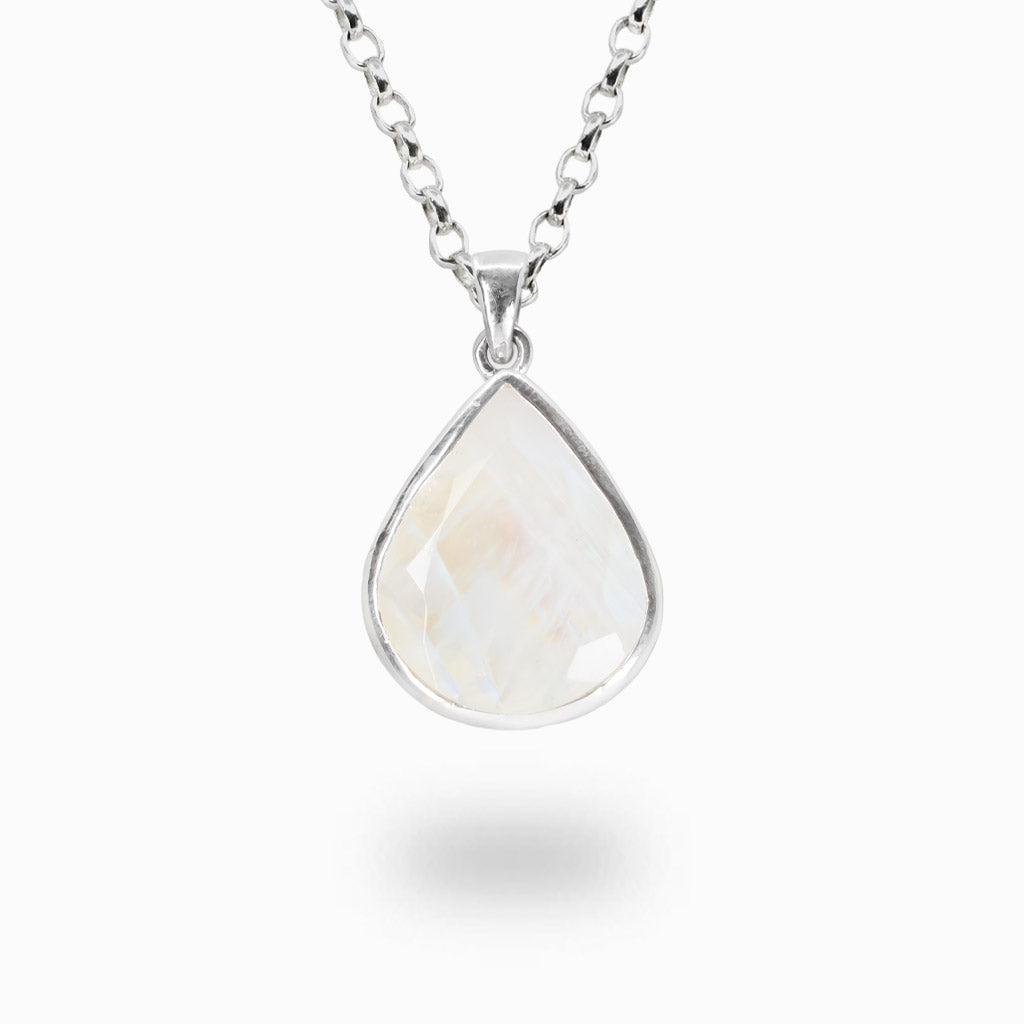 Faceted teardrop rainbow moonstone necklace in sterling silver