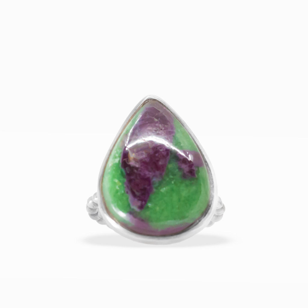 Pear-shaped Ruby Zoisite ring with vivid green Zoisite and deep purple-red Ruby inclusions in polished sterling silver bezel setting.
