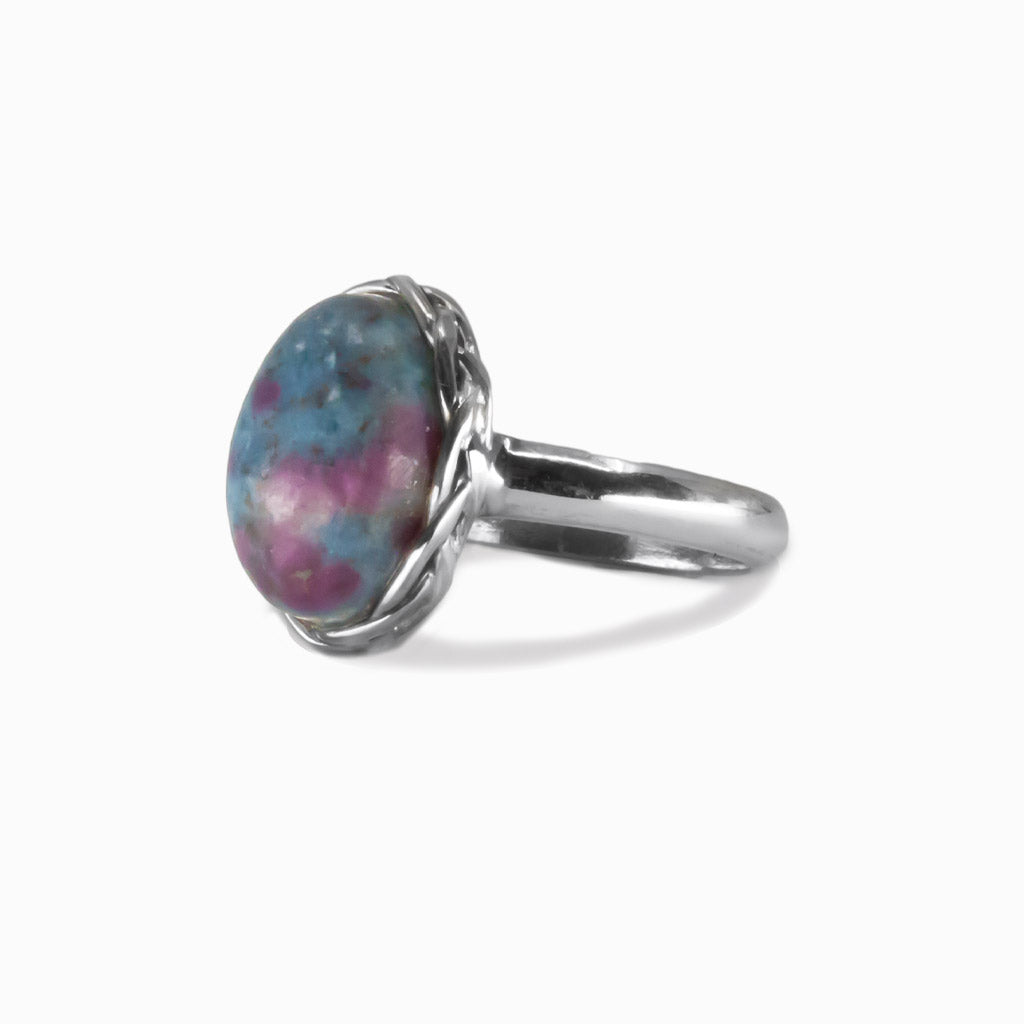 Ruby in Kyanite oval cabochon ring in sterling silver featuring blue and red gemstone blend. | MADE IN EARTH