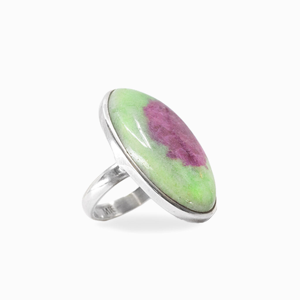 Oval Ruby in Zoisite cabochon with green and deep ruby-purple coloring set in 925 sterling silver.