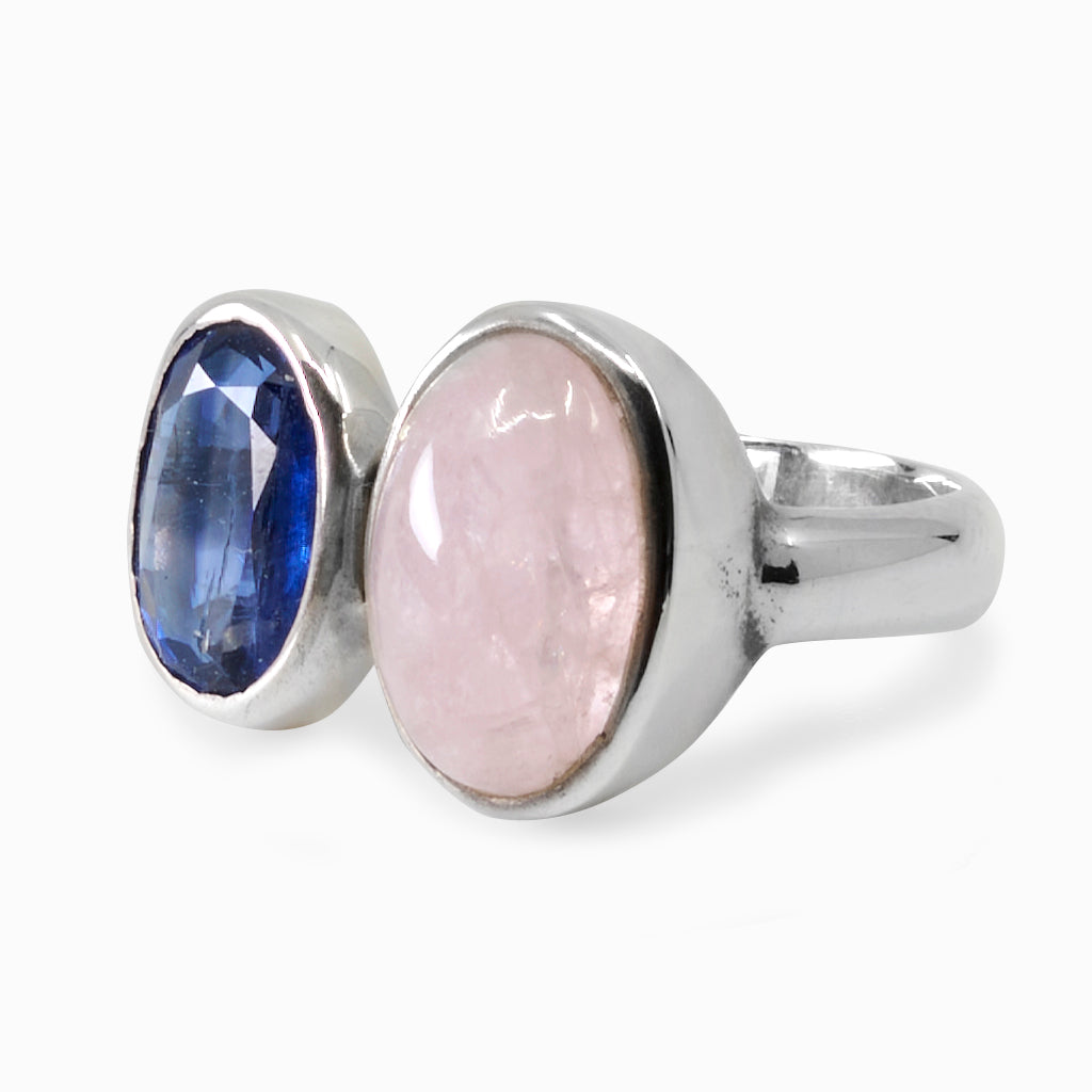 Cabochon oval Morganite and Faceted oval Kyanite ring