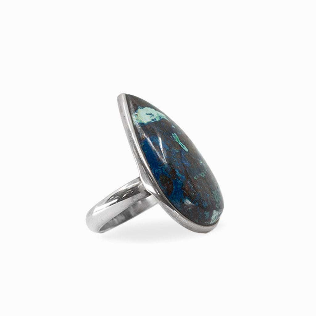 Teardrop Shattuckite cabochon with vivid blue, turquoise and brown patterning set in 925 sterling silver.