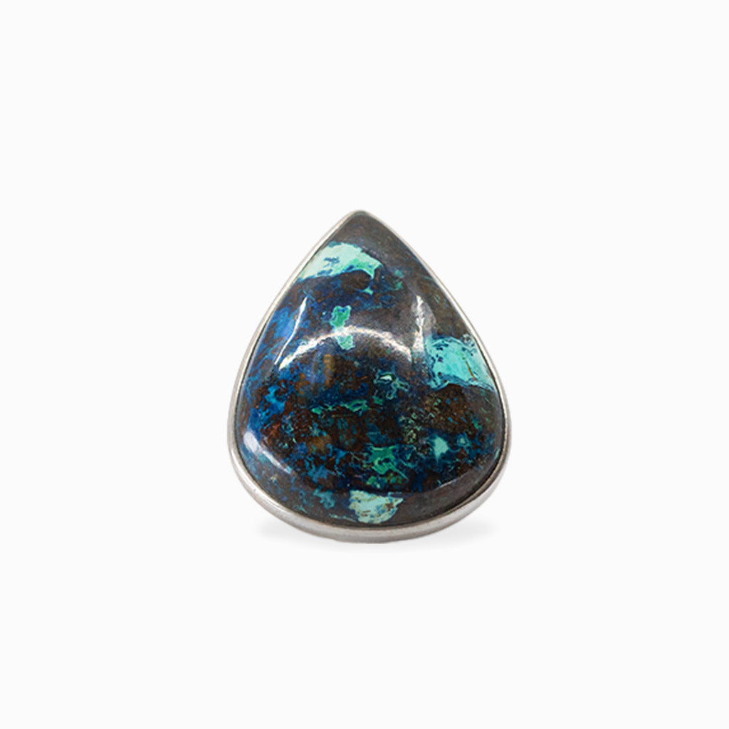 Teardrop Shattuckite cabochon with vivid blue, turquoise and brown patterning set in 925 sterling silver.