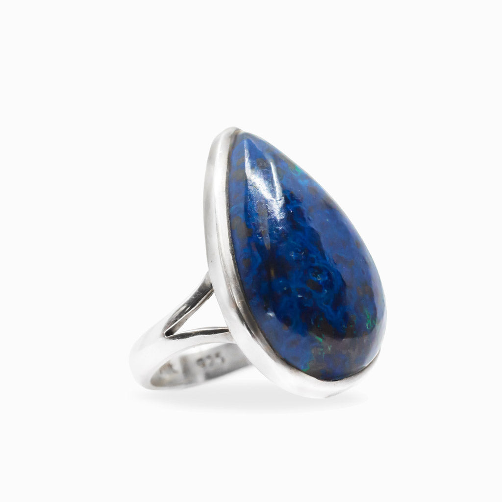 Deep blue teardrop Azurite cabochon ring set in a polished 925 sterling silver bezel.