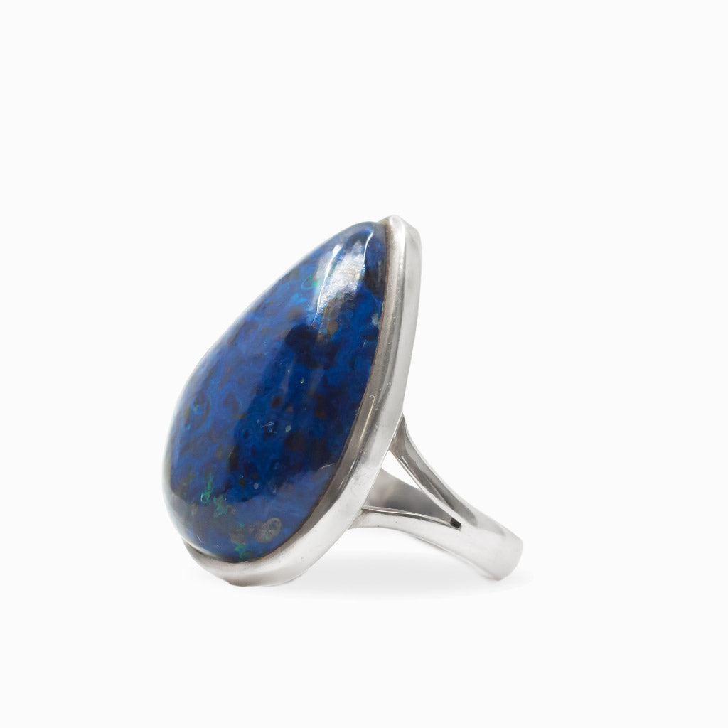 Deep blue teardrop Azurite cabochon ring set in a polished 925 sterling silver bezel.