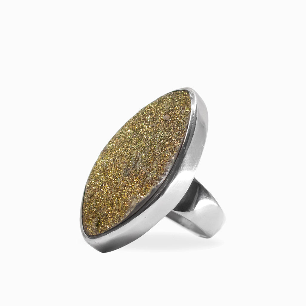 Elongated marquise Rainbow Pyrite druzy ring with sparkling gold metallic crystals in polished 925 sterling silver.