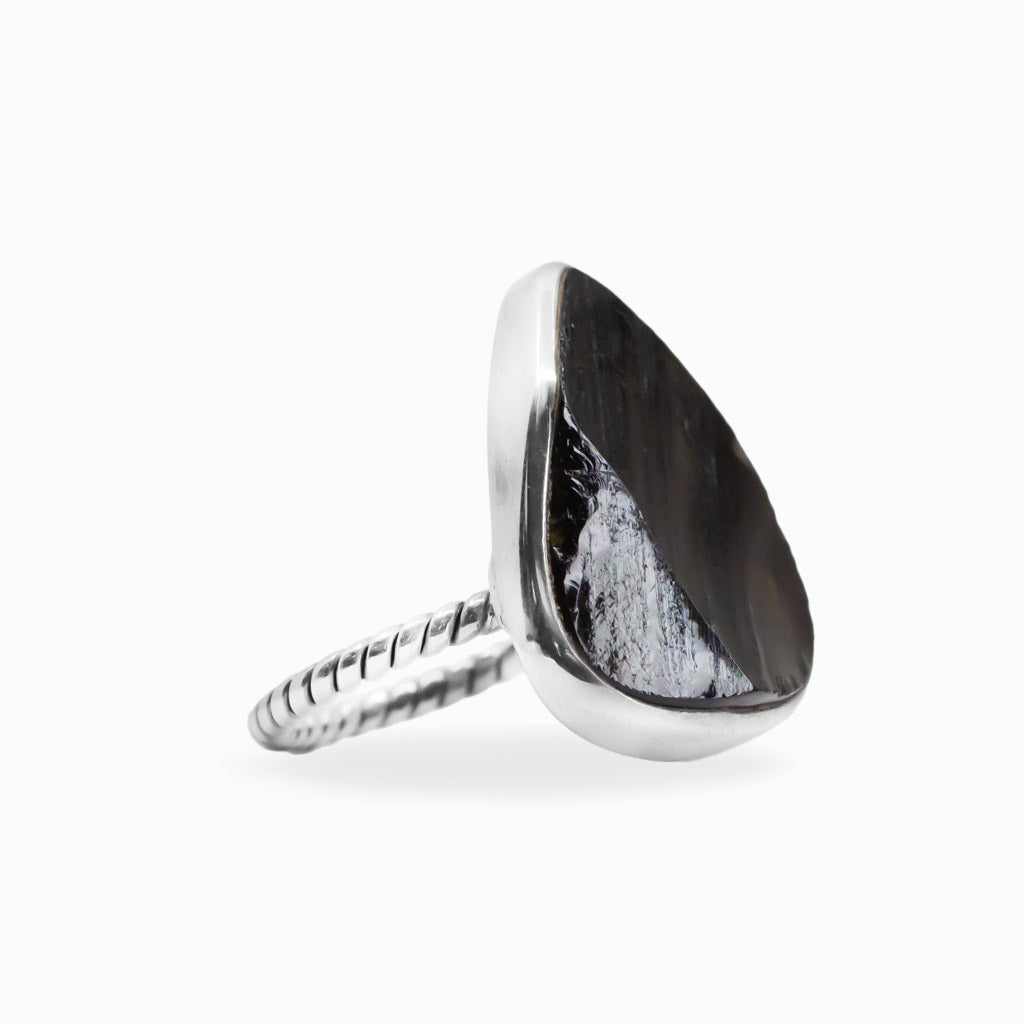 Freeform triangular Apache Obsidian ring in polished 925 sterling silver with a smooth bezel setting.