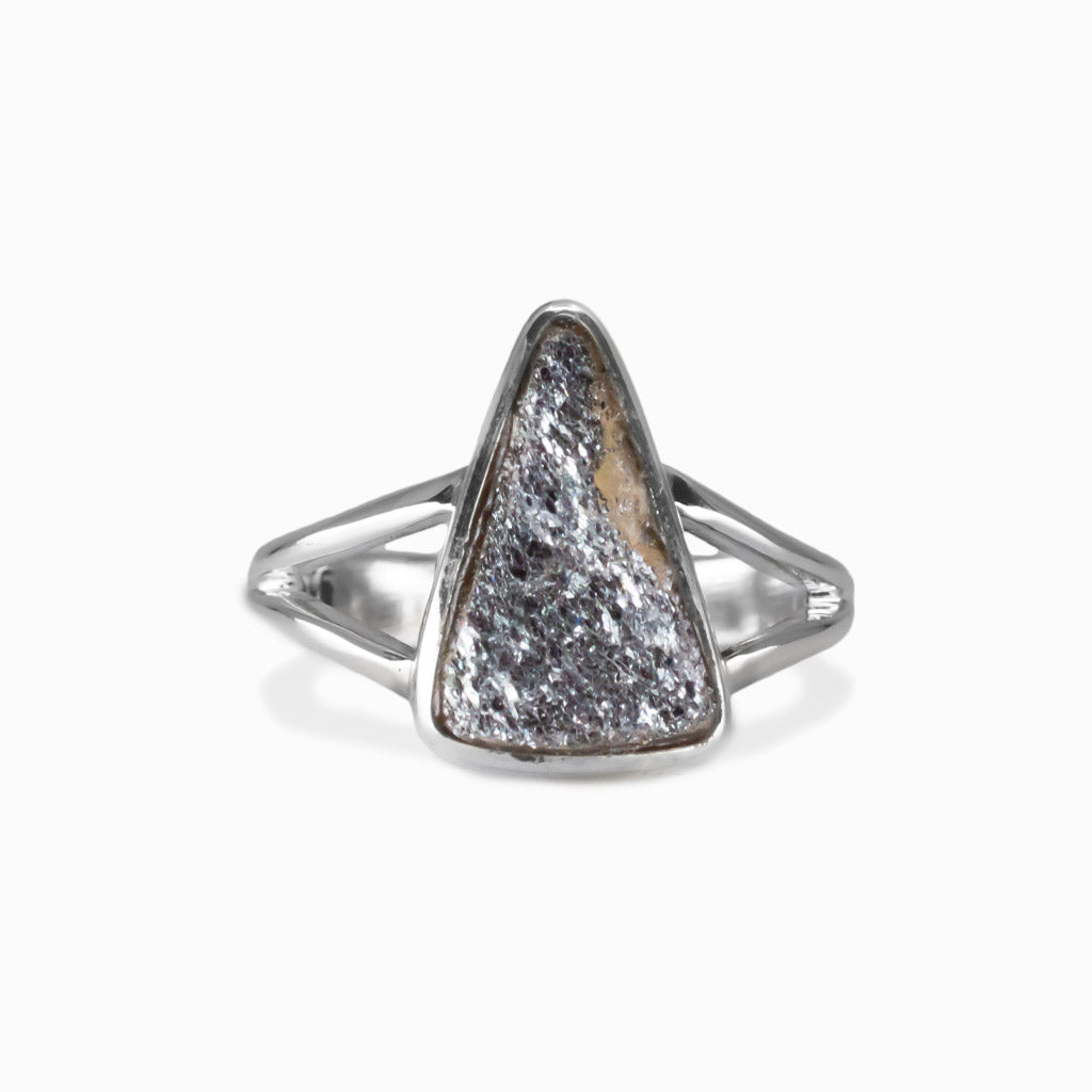 Specular Hematite ring showing silver-flecked stone set in split-shank sterling silver band. MADE IN EARTH
