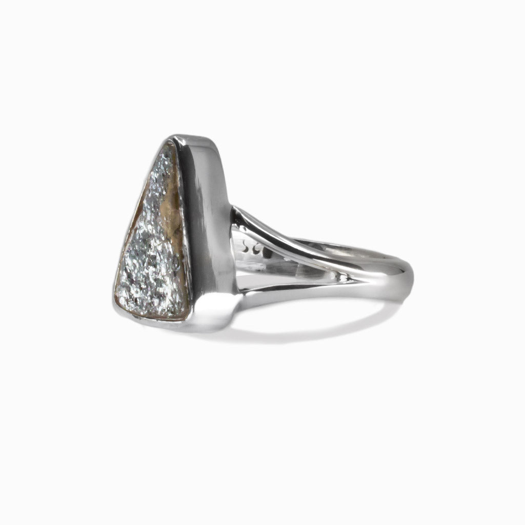 Specular Hematite ring showing silver-flecked stone set in split-shank sterling silver band. MADE IN EARTH