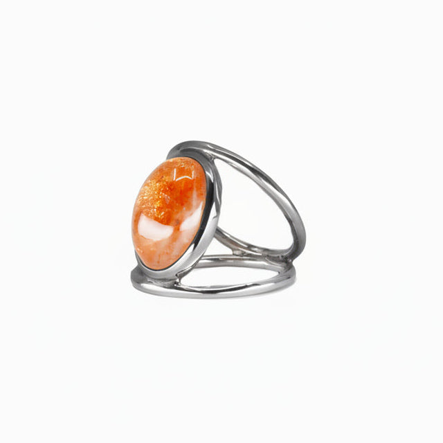CABOCHON SUNSTONE OVAL BEZEL HALO RING STERLING SILVER | MADE IN EARTH 