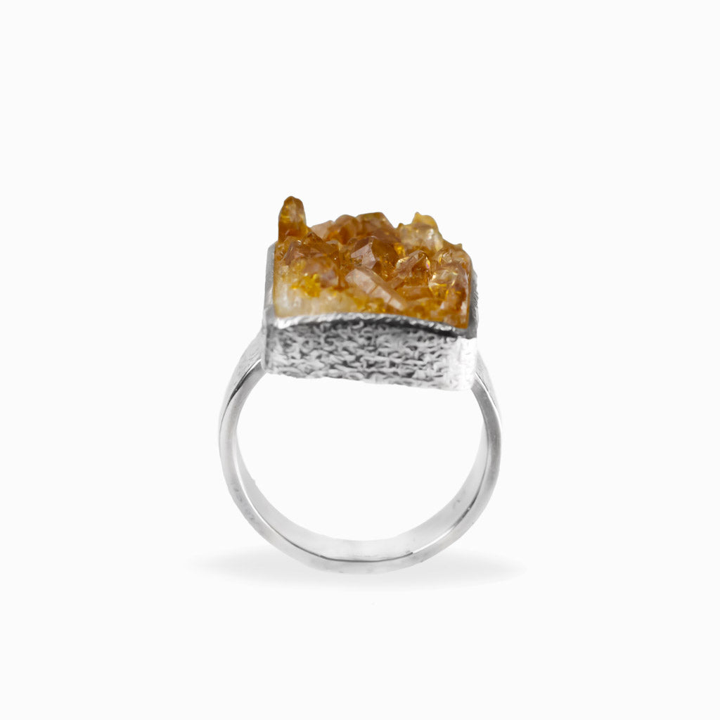 Rectangular golden Citrine druzy ring with natural crystal clusters set in polished 925 sterling silver.