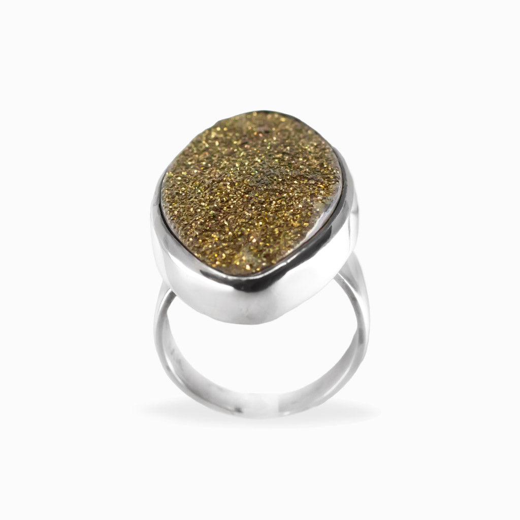 Elongated marquise Rainbow Pyrite druzy ring with sparkling gold metallic crystals in polished 925 sterling silver.