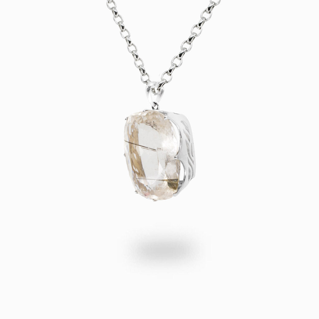 Faceted rectangular Tourmalinated Quartz pendant necklace featuring clear quartz with natural black tourmaline inclusions.