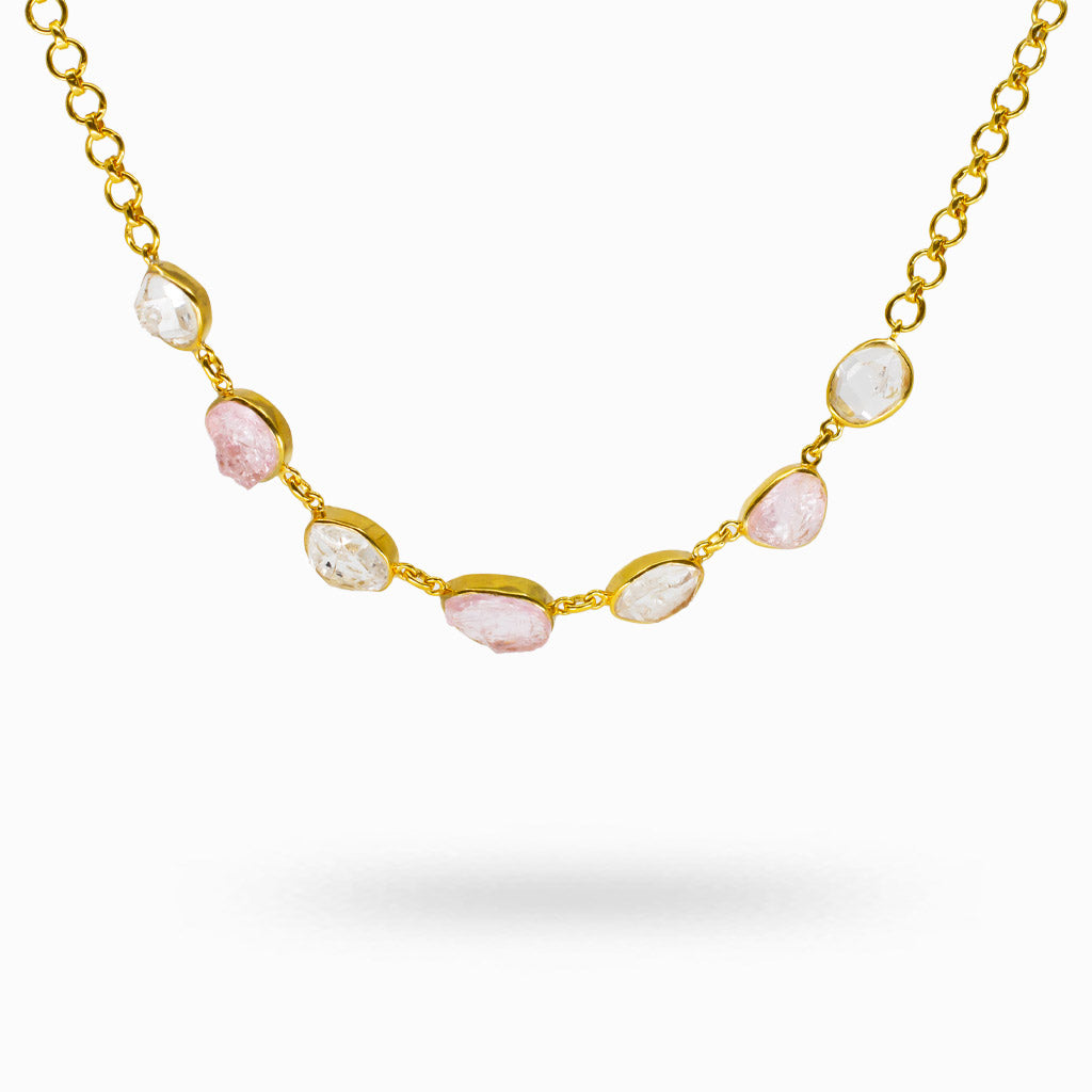 Raw Morganite and Herkimer Diamond multistone necklace in yellow gold vermeil with organic pink and clear crystals. | MADE IN EARTH 