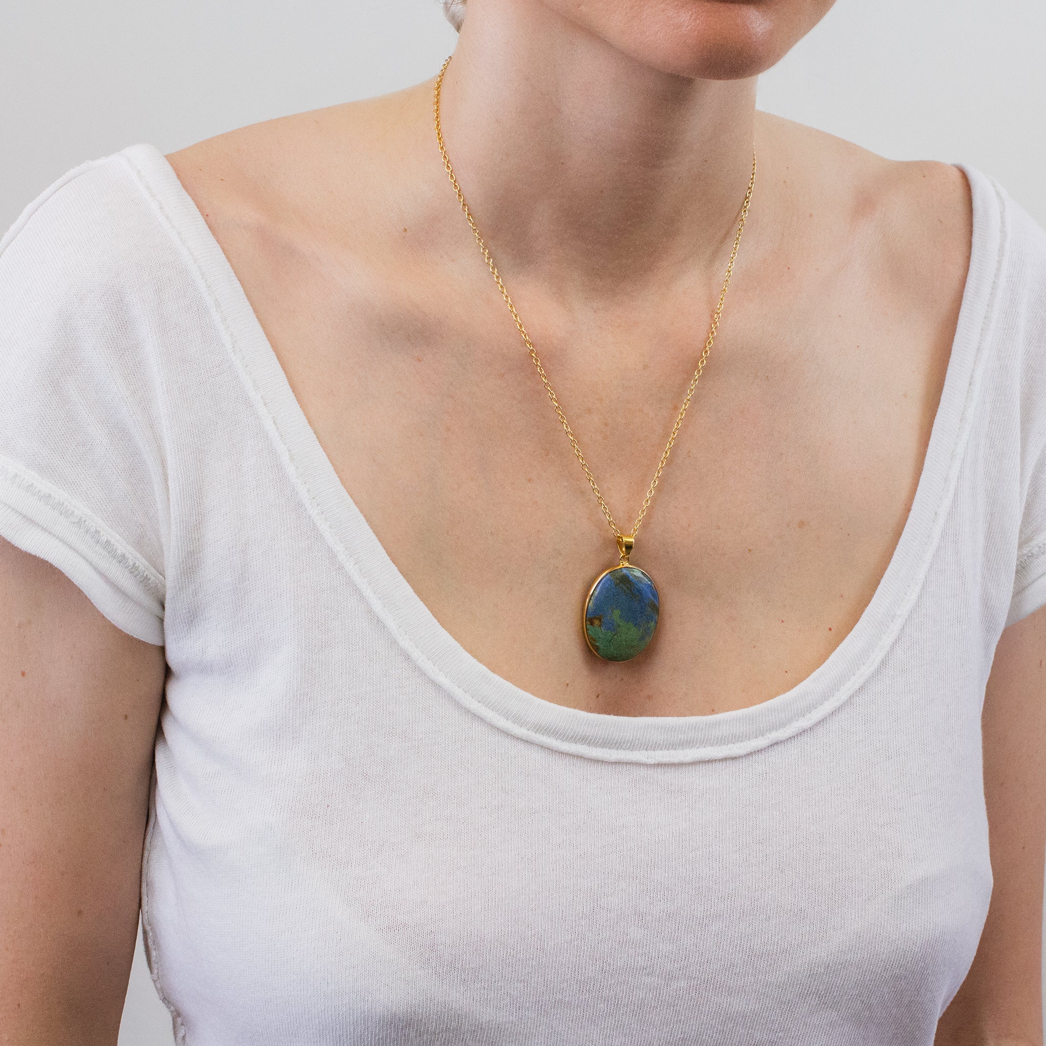 Azurite Malachite Necklace with gold vermeil finish on model