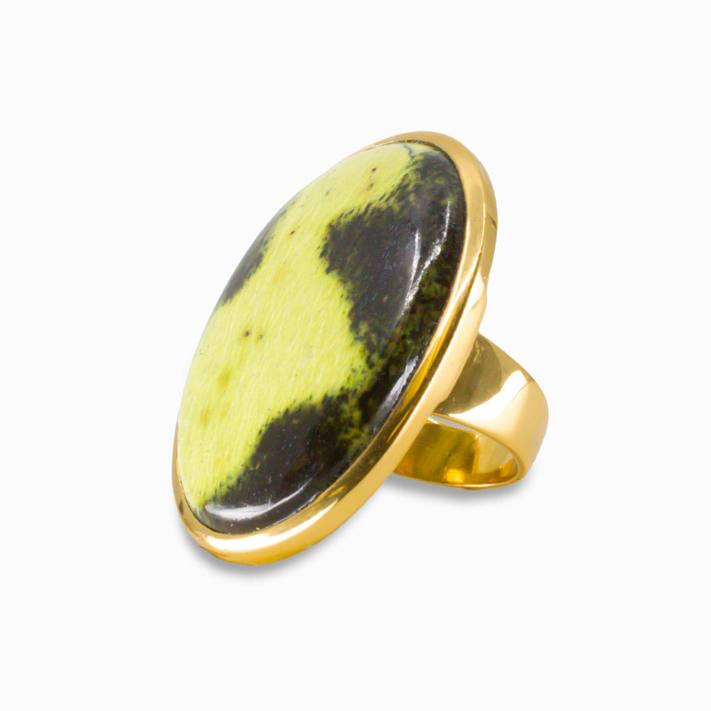 CABOCHON AFRICAN SERPENTINE RING IN YELLOW GOLD VERMEIL FINISH OVER STERLING SILVER