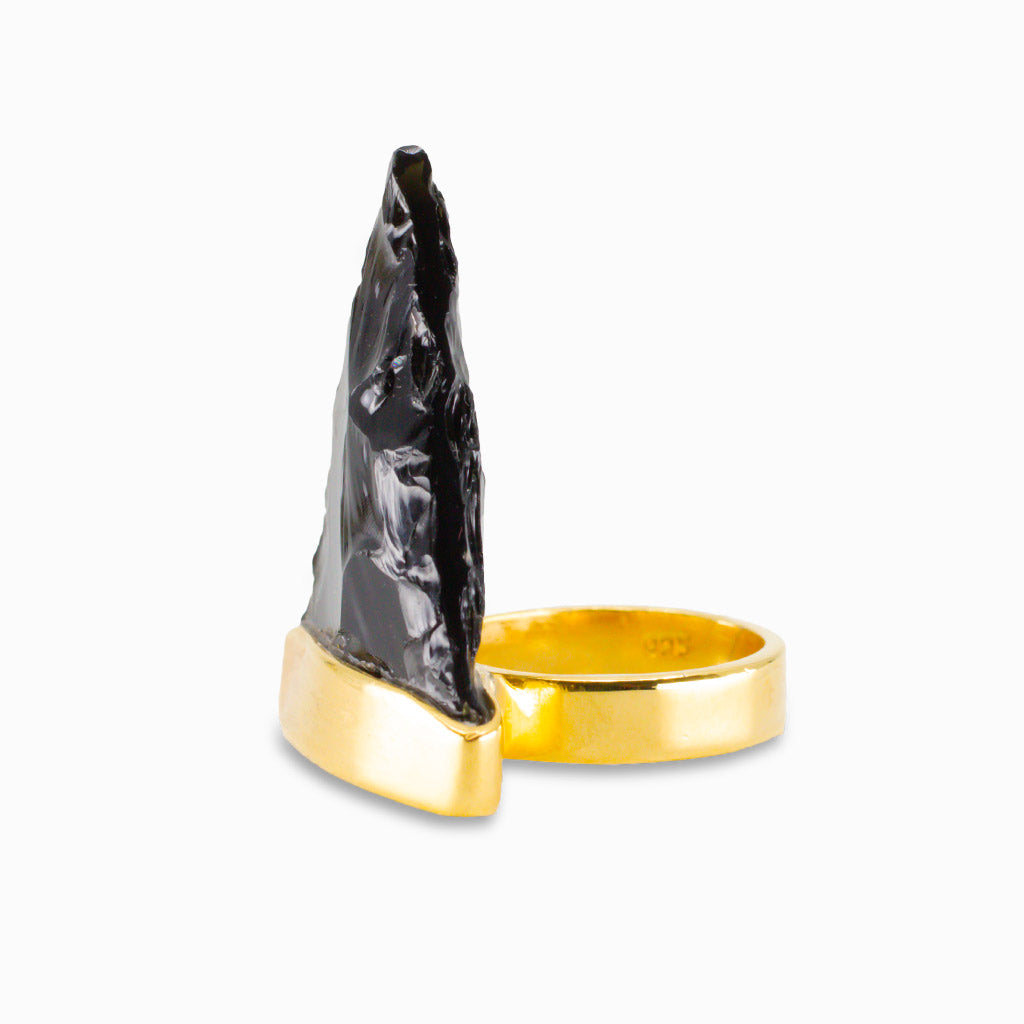 APACHE TEAR OBSIDIAN RING IN YELLOW GOLD VERMEIL FINISH