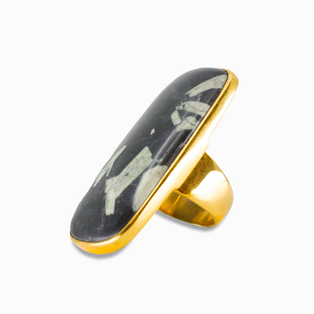 CHINESE WRITING ROCK IN GOLD VERMEIL RING