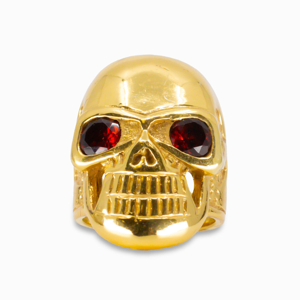 FACETED GARNET SKULL RING IN YELLOW GOLD VERMEIL FINISH