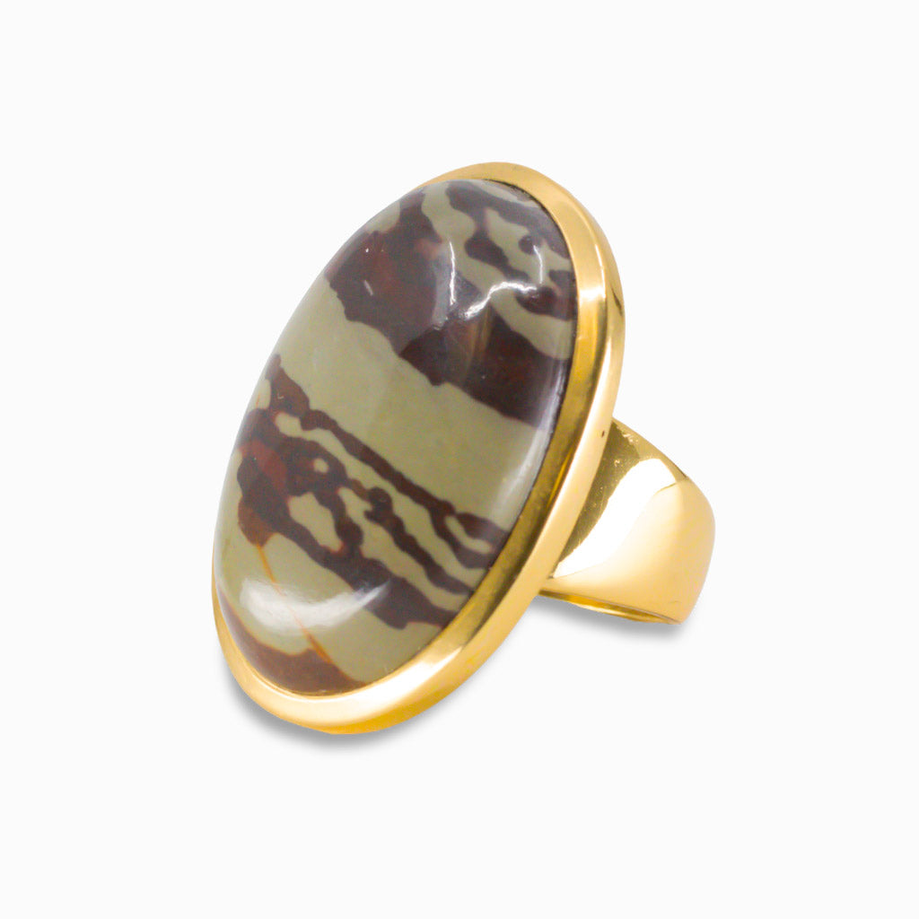 CABOCHON ZEBRA STONE RING IN YELLOW GOLD VERMEIL FINISH OVER STERLING SILVER
