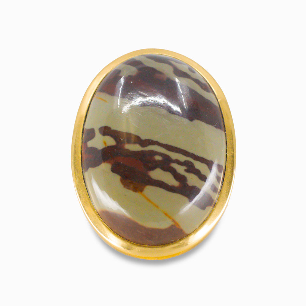 CABOCHON ZEBRA STONE RING IN YELLOW GOLD VERMEIL FINISH OVER STERLING SILVER