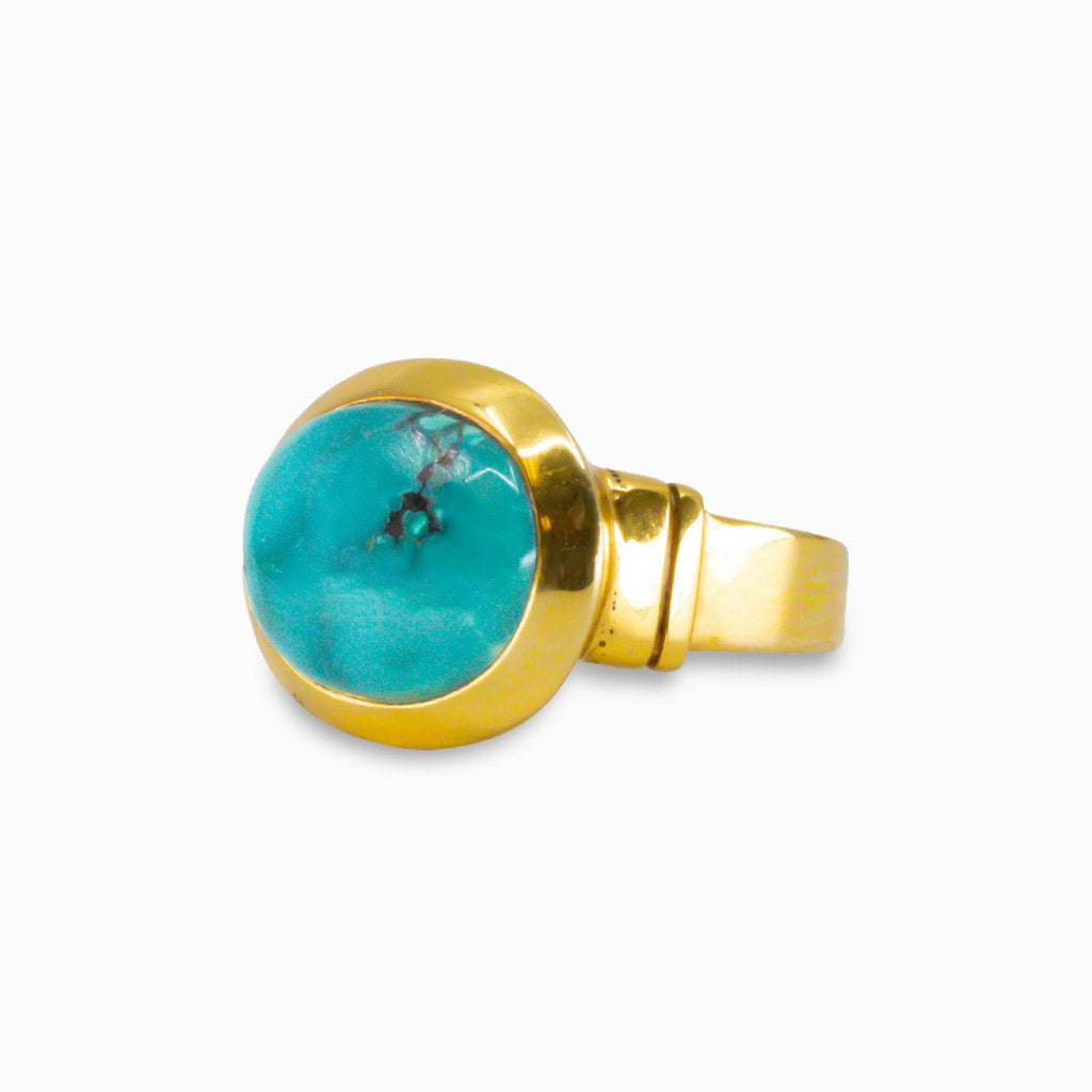 TIBETAN TURQUOISE CABOCHON RING IN YELLOW GOLD VERMEIL FINISH OVER STERLING SILVER