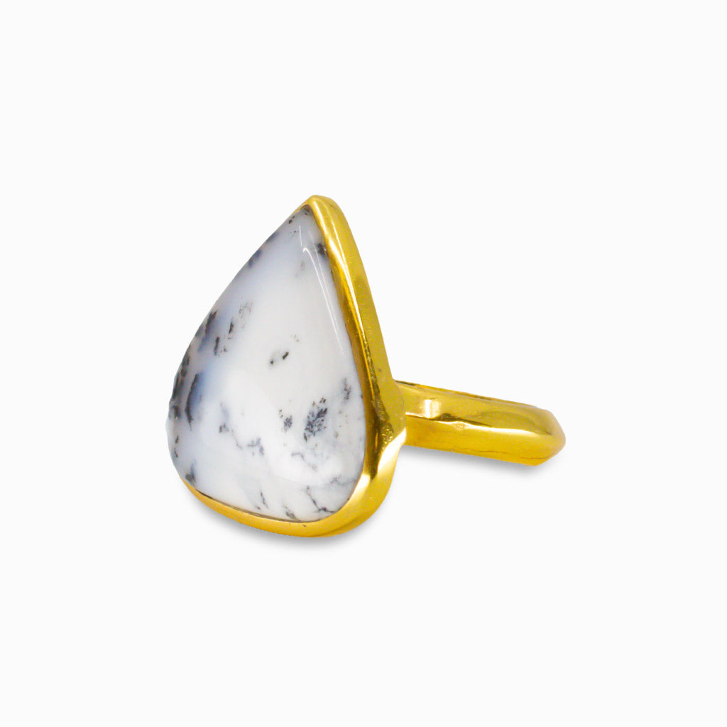 CABOCHON TRIANGULAR DENDRITIC OPAL RING IN YELLOW GOLD VERMEIL FINISH OVER STERLING SILVER