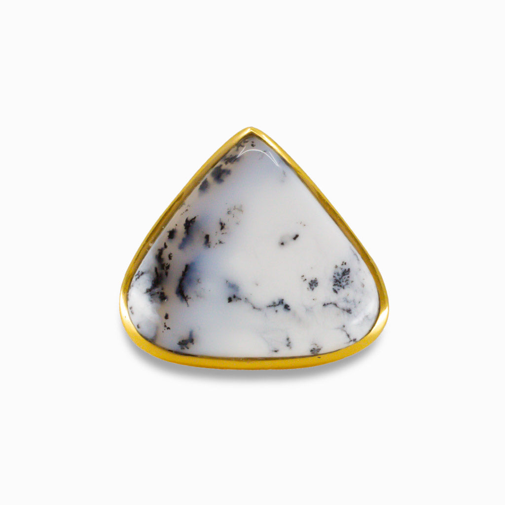 CABOCHON TRIANGULAR DENDRITIC OPAL RING IN YELLOW GOLD VERMEIL FINISH OVER STERLING SILVER