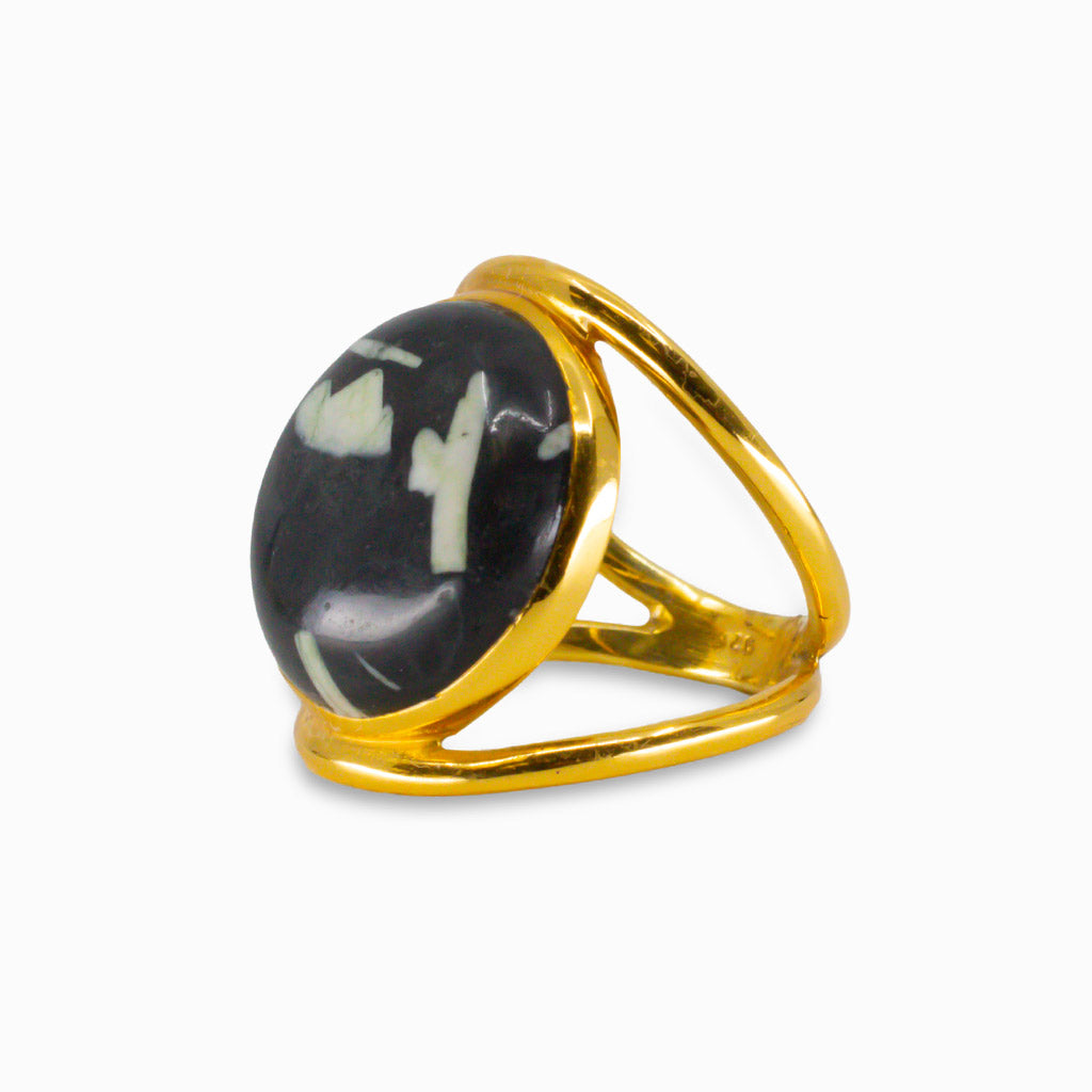 CABOCHON CHINESE WRITING ROCK RING YELLOW GOLD VERMEIL FINISH