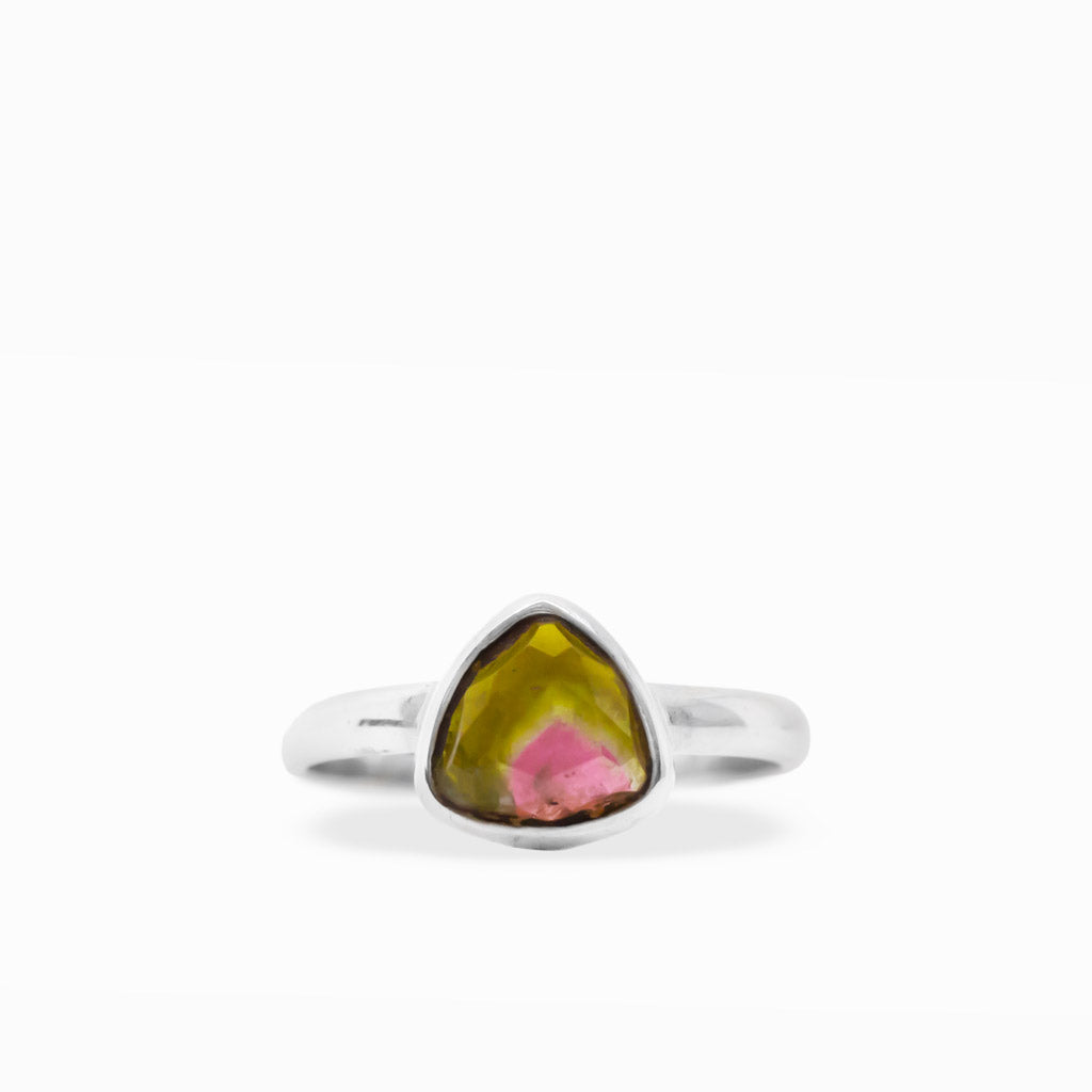 Triangular Watermelon Tourmaline ring with translucent golden-green and pink color zoning, polished sterling silver bezel, and smooth band.