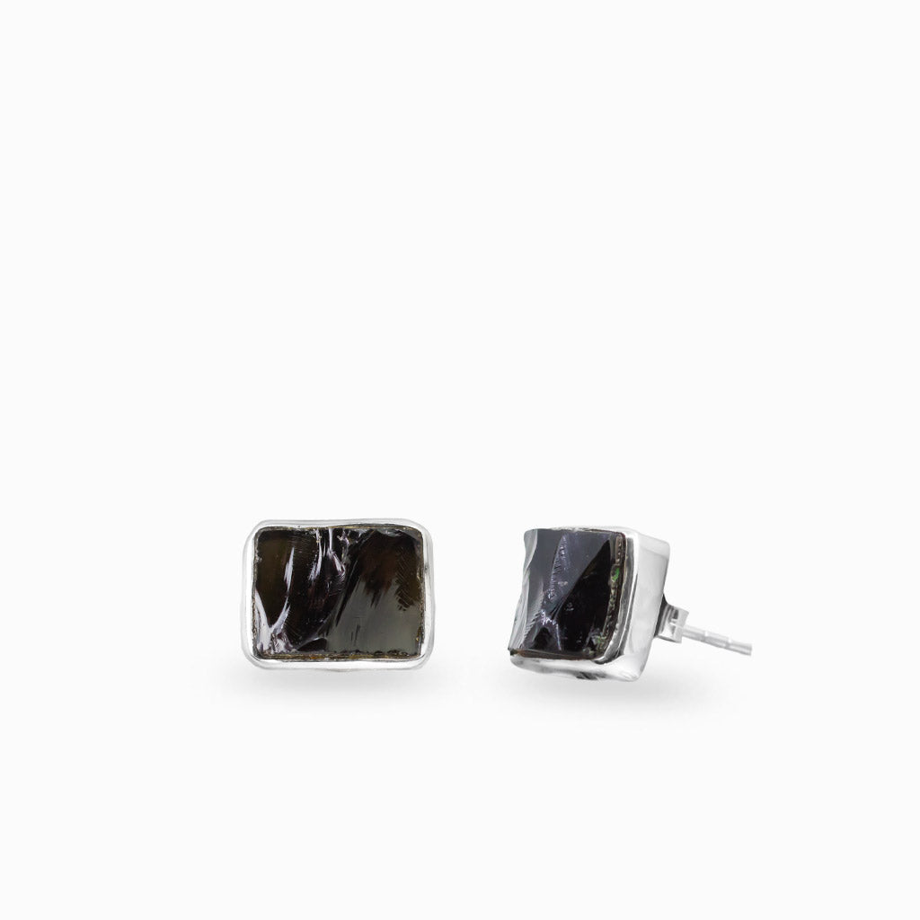 Sterling silver rectangle stud earrings featuring polished Apache Obsidian gemstones.