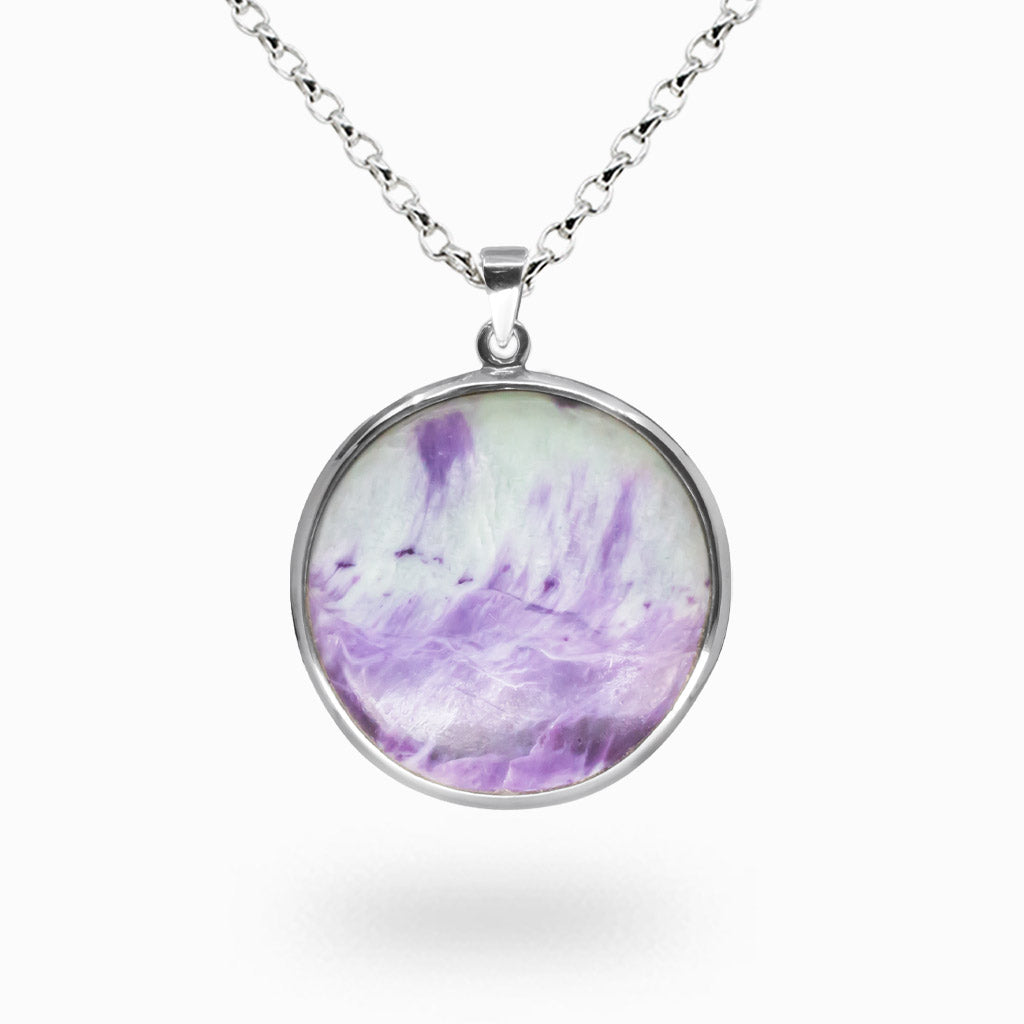 Round kammererite gemstone necklace in sterling silver bezel, rare purple green crystal pendant, healing stone jewelry, third eye chakra necklace. | MADE IN EARTH