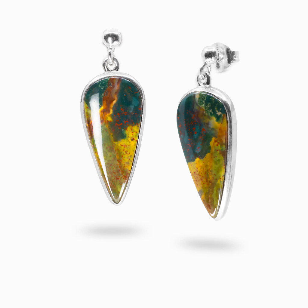 Bloodstone inverse teardrop cabochon stud drop earrings in sterling silver